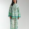 "Women's green fluorescent co-ord set with artistic print – ban neck straight-fit shirt and matching culotte trousers in viscose cotton"