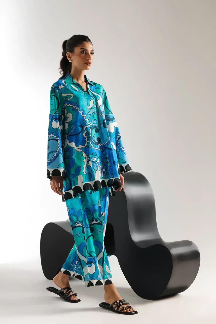 "Women's blue-green co-ord set with artistic multicolor print – short A-line shirt and straight culotte trousers in cotton blend"