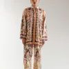 "Women's light pink artistic print co-ord set – ban neck short shirt with V-slit and straight culotte trousers in cotton viscose fabric"