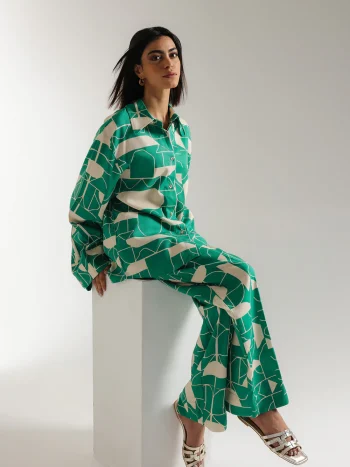 Modern green optical print cotton co-ord set for women - Biljiki Store Kozani Greece