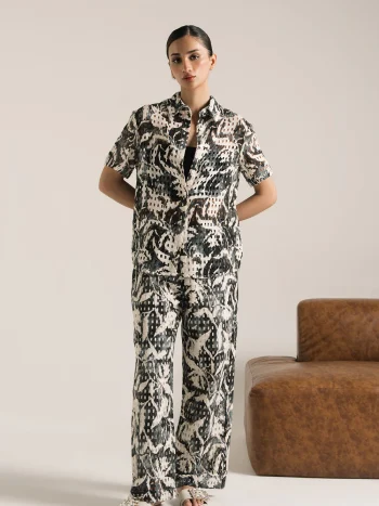 Off-white floral crochet button-down shirt and matching pants set