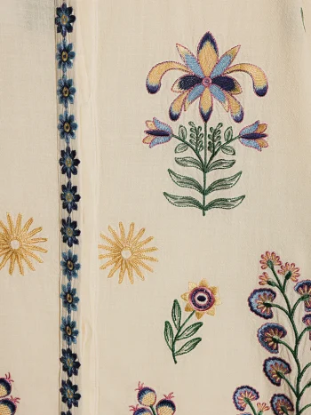 Close-up of multi-colored floral embroidery on premium white button-down top